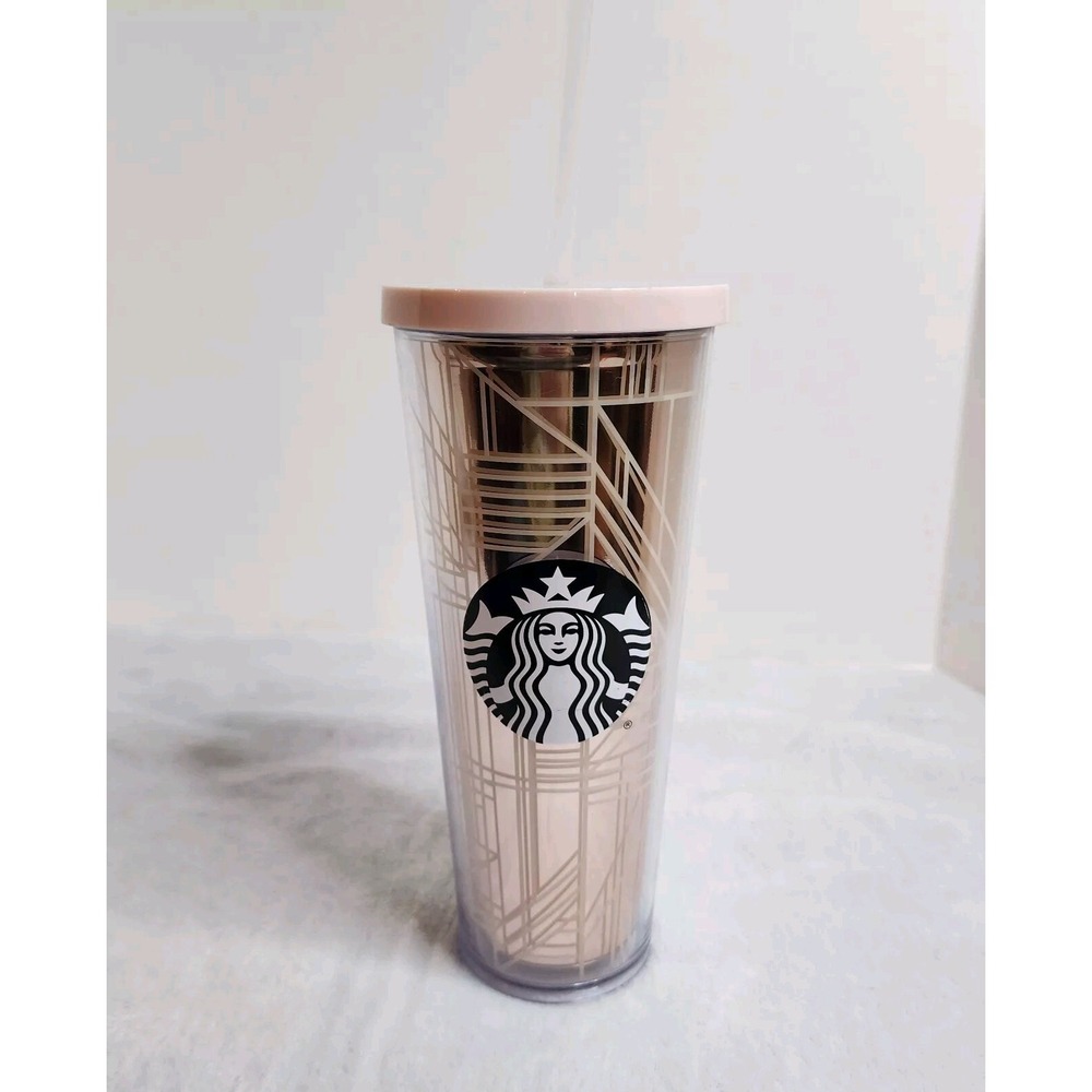 Starbucks 2017 Venti Cold Cup Tumbler Rose Gold Geometric 24 oz With Lid & Straw